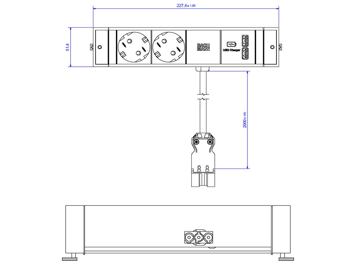 BACHMANN DESK RAIL 2x contact de protection 1x USB Charger, Interrupteur