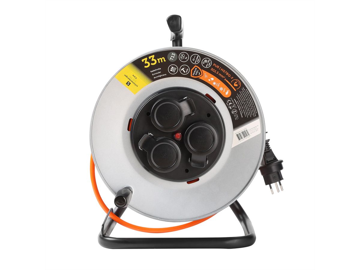 Kabelrolle Metall 3xT13, EPR-PUR H07BQ-F 3G1.5mm2,33m,IK09, orange