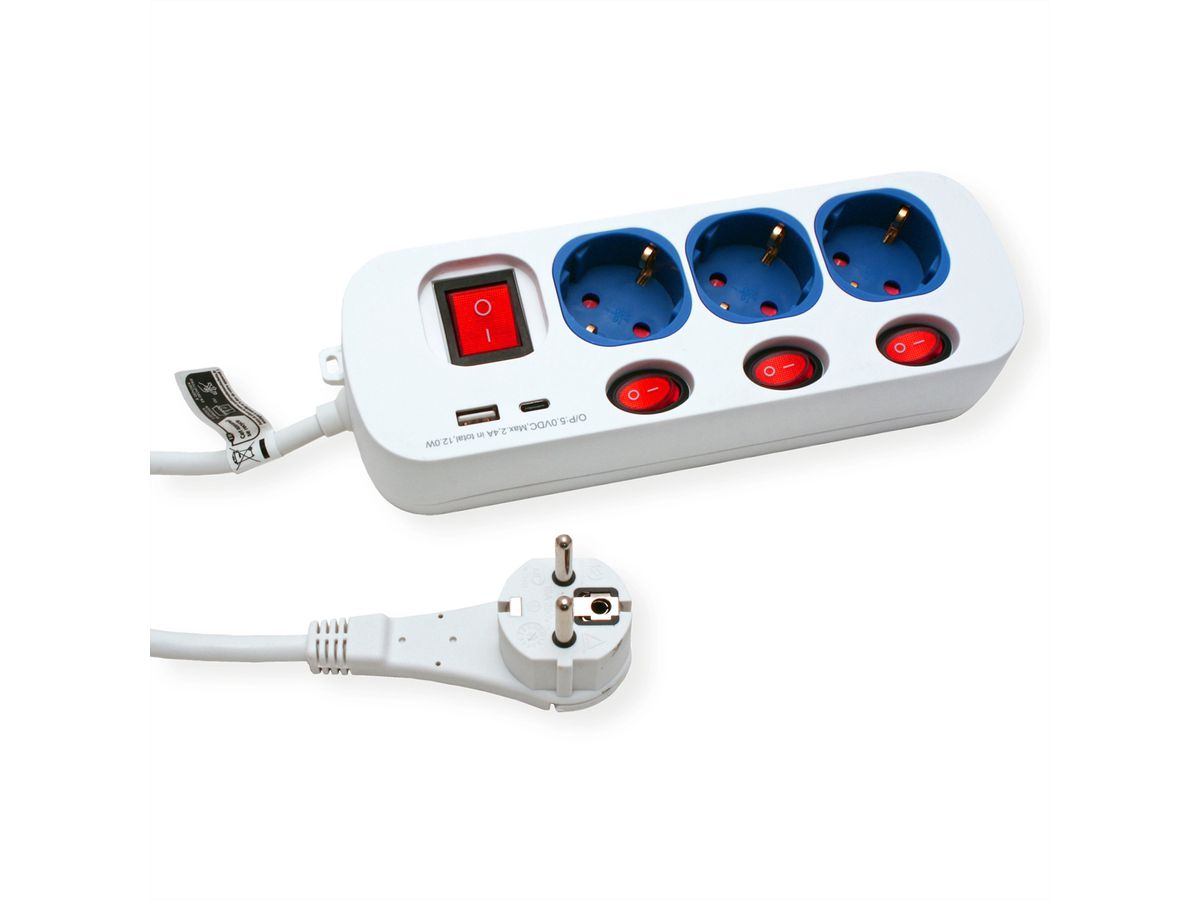 ROLINE 3-fach Steckdosenleiste mit Schalter, USB-Charger A+C, 3 m