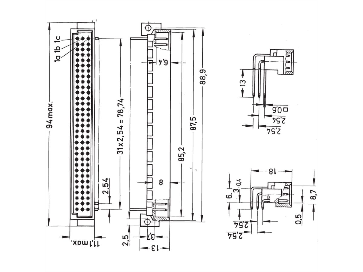 Connecteur SCHROFF de type C, EN 60603, DIN 41612, femelle, 64 contacts, broches à souder, 2.5 mm