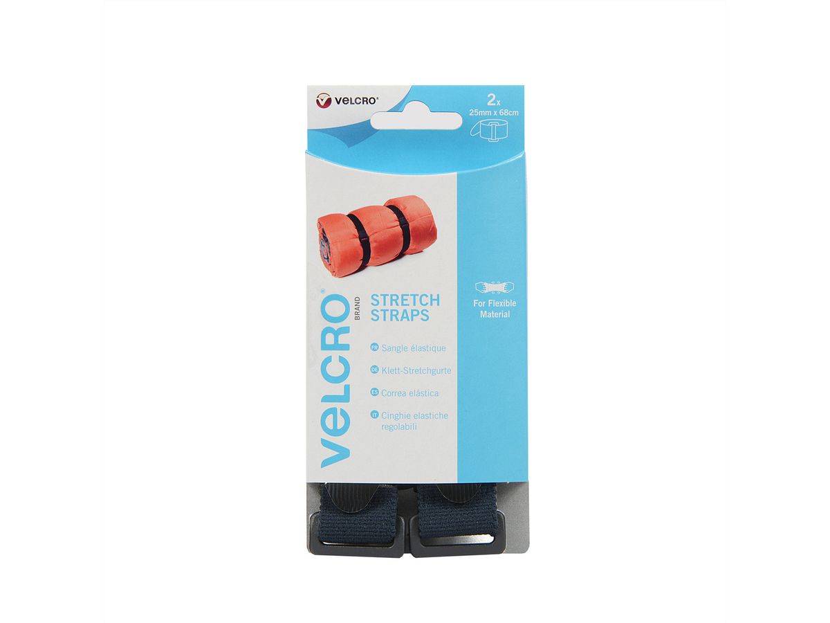 VELCRO® Verstellbarer Tragegurt mit Klettverschluss Stretch, Haken & Flausch Gurt 25mm x 68cm x 2 Schwarz