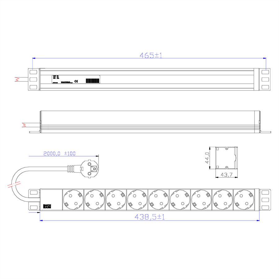 BACHMANN Bâti de prises 19" 9x, sans interrupteur, argent