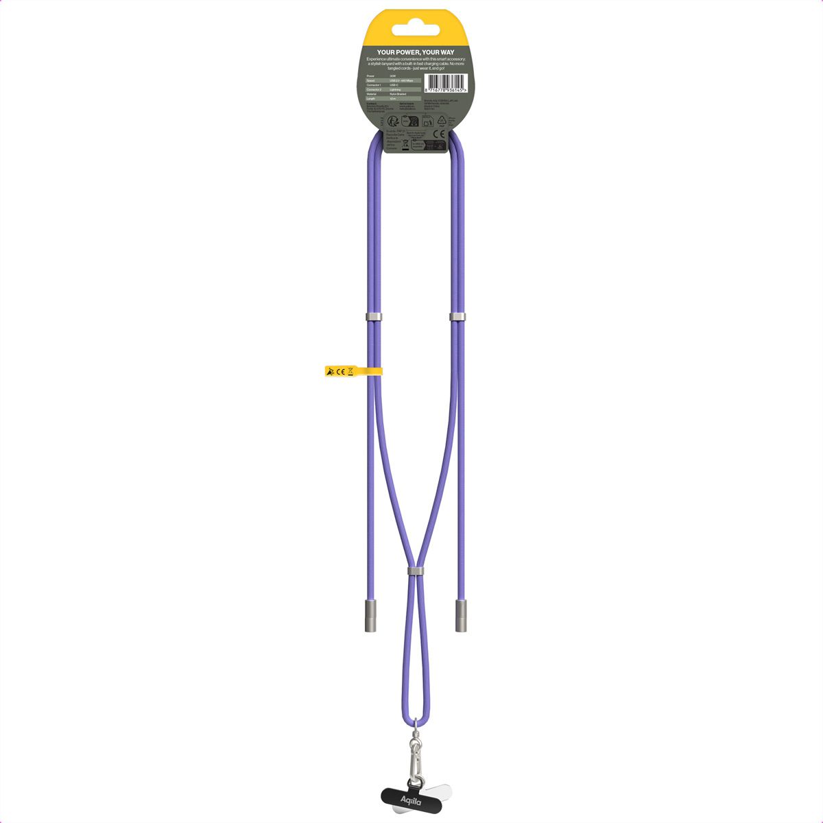 Aqiila Lanyard Lade- & Synckabel CC1, 60W, Typ C zu Typ C, Schwarz