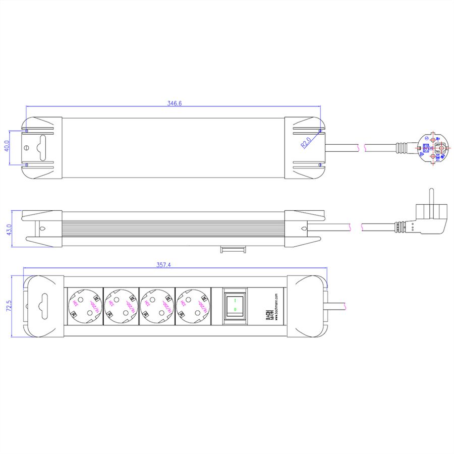 BACHMANN CONNECTUS Bâti de prises 4x contact de protection, plastique, avec interrupteur, 2 m