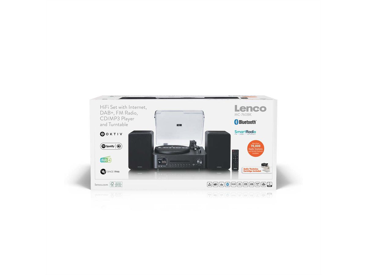 Lenco MC-760BK - Hi-Fi-Stereoanlage mit Plattenspieler und Lautsprechern, Internetradio, DAB+, FM, Bluetooth®, CD/MP3-Player - Schwarz