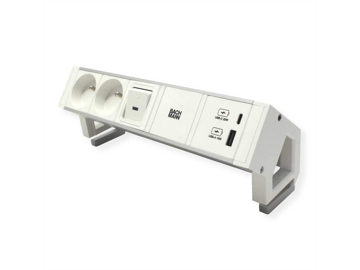 BACHMANN DESK2 ALU WHITE 2xUTE 1xUSB A/C 22W 1xSchalter 0,2m