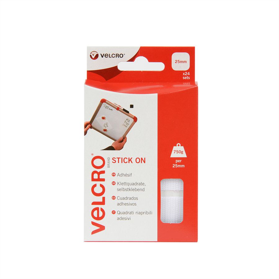 VELCRO® Boutons carrés 25x25mm x 24 blncs, crochets & velours autocollants